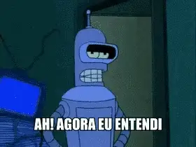 Personagem Bender, do desenho Futurama. Ele é um robô cinza, de olhos amarelos e expressão irônica. No gif, ele está com uma mão na cintura e a outra levantada, enquanto sua boca se move, acompanhado do texto 'AH! AGORA EU ENTENDI'