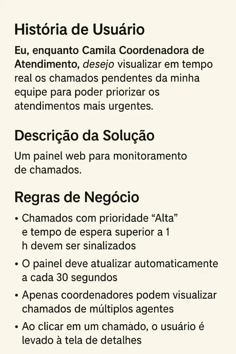 Imagem com fundo bege apresentando três seções em português:História de Usuário: "Eu, enquanto Camila Coordenadora de Atendimento, desejo visualizar em tempo real os chamados pendentes da minha equipe para poder priorizar os atendimentos mais urgentes." Descrição da Solução: "Um painel web para monitoramento de chamados." Regras de Negócio: Lista com marcadores destacando: Chamados com prioridade “Alta” e tempo de espera superior a 1h devem ser sinalizados. O painel deve atualizar automaticamente a cada 30 segundos. Apenas coordenadores podem visualizar chamados de múltiplos agentes. Ao clicar em um chamado, o usuário é levado à tela de detalhes.