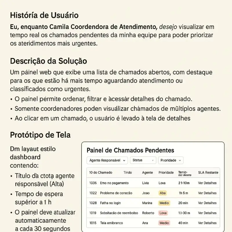 A imagem mostra uma história de usuário para um painel web de chamados pendentes, com detalhes sobre a solução (como ordenar, filtrar e acessar detalhes dos chamados), requisitos de acesso e um protótipo de tela exibindo uma lista dos chamados, incluindo número, título, agente responsável, prioridade, tempo de espera e botão para ver detalhes.
