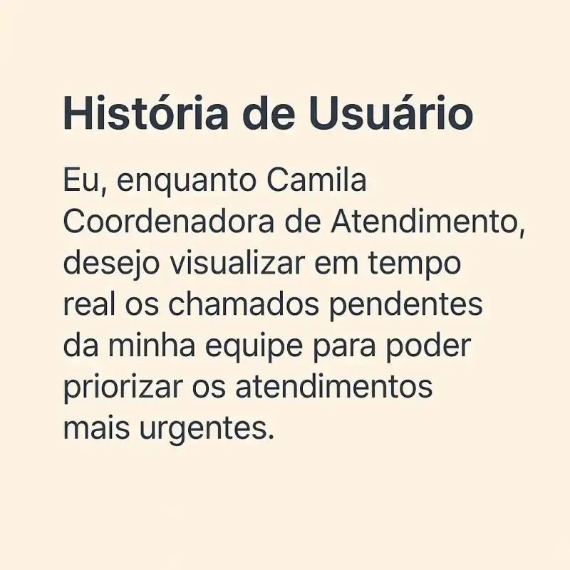 Imagem com fundo bege claro contendo o título "História de Usuário" em destaque, seguido do texto:"Eu, enquanto Camila Coordenadora de Atendimento, desejo visualizar em tempo real os chamados pendentes da minha equipe para poder priorizar os atendimentos mais urgentes." O texto está centralizado à esquerda, com fonte sans-serif escura, espaçamento amplo e layout limpo e moderno.