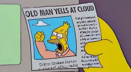 Uma imagem do jornal cortado na qual o vovô Simpson aparece gritando para nuvens no céu.