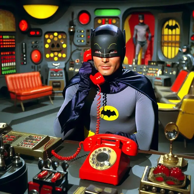 Batman de Adam West 1960 falando no Batfone vermelho. Uma das formas de resolver as dependências externas