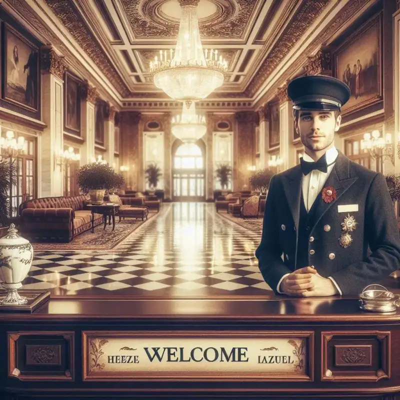 Uma das formas de tratar demandas externas com concierge. Um homem vestido de fraque e chapéu na frente de um hotel de luxo.