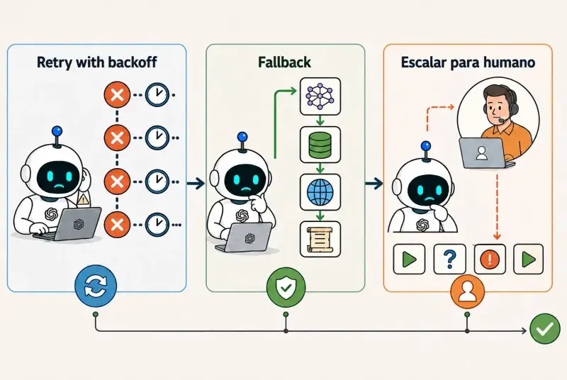 Diagrama sobre tratamento de exceções e recuperação em IA, mostrando três etapas: retry with backoff, fallback com caminhos alternativos e escalação para um humano.