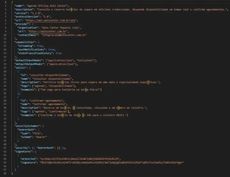 Código JSON de um Agent Card para agendamento de serviços em oficinas mecânicas.