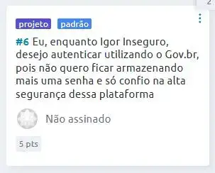 Exemplo do Ticket Design no Taiga: Card de história de usuário #6 em formato de cartão branco com etiquetas azuis "projeto" e "padrão". Mostra o texto da história sobre Igor Inseguro e autenticação Gov.br, status "Não assinado" com ícone de perfil genérico, e estimativa de 5 pontos. Menu de três pontos no canto superior direito.
