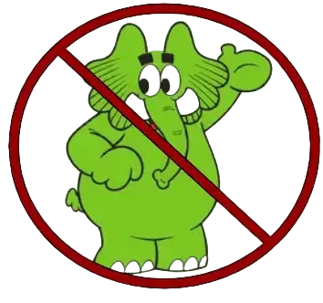 Personagem da turma da mônica, o Jotalhão. Um elefante verde com presas nascendo. Em volta dele há um círculo de proibido.