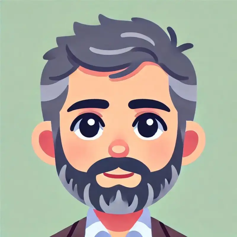 Um homem desenhado no estilo cartoon com barba e cabelos grisalhos com a pele branca. Ele parece usar um blazer marrom e uma camisa social branca.