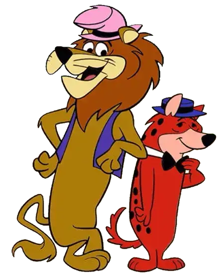 Exemplo típico de pessoas difíceis. Hardy Har Har. Ilustração em estilo clássico de animação dos anos 1960 mostrando dois personagens antropomórficos lado a lado. À esquerda, um leão marrom alto e esguio, com juba volumosa, focinho claro e sorriso aberto, usa um pequeno chapéu rosa inclinado e um colete roxo; ele está com as mãos na cintura e postura confiante, olhando levemente para o lado. À direita, uma hiena vermelha com manchas pretas, mais baixa e de corpo arredondado, usa chapéu azul e gravata borboleta preta; ela sorri de forma maliciosa, com uma das mãos próxima ao queixo, em atitude descontraída. Ambos aparecem em fundo neutro, com traços simples e cores chapadas típicas de desenhos animados clássicos.