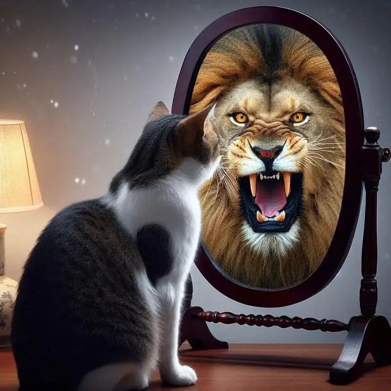 Vieses Cognitivos: Viés da Superioridade Ilusória. Um gato olhando para um espelho e o espelho reflete um leão.