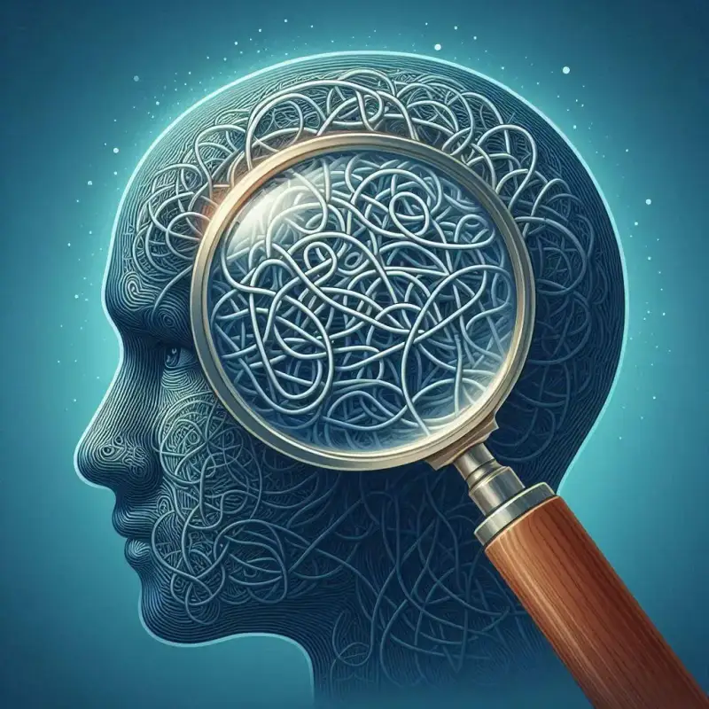 Vieses Cognitivos: Viés da Complexidade ou Complexificação Excessiva. Uma cabeça com muitos cabos dentro dela representando a complexidade.