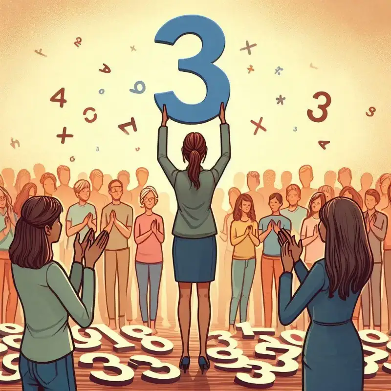 Vieses Cognitivos: Viés de Confirmação. Uma mulher segurando o número 3, diversas pessoas aplaudindo. Todavia há diversos números caídos no chão e sendo ignorados.