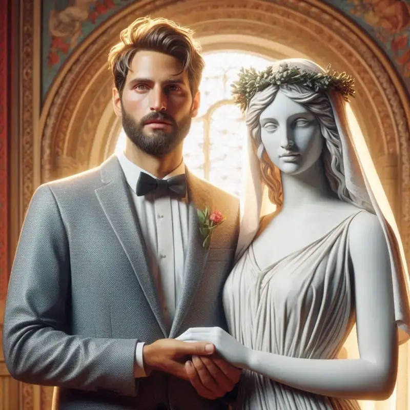 Vieses Cognitivos: Viés de Compromisso Cognitivo ou Compromisso com a Primeira Resposta. Um homem casando com uma estátua.
