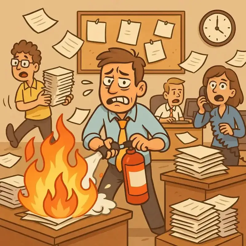 Ilustração em estilo cartoon mostrando um escritório totalmente caótico, com pessoas desesperadas tentando lidar com o excesso de trabalho. Um homem usa um extintor para apagar um fogo em cima de uma mesa cheia de papéis, enquanto outros funcionários correm, falam ao telefone e empilham documentos. Papéis voam pelo ar e o ambiente transmite confusão e urgência.