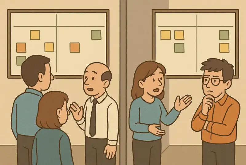 Ilustração em estilo cartoon mostrando dois times de trabalho separados por uma divisória no escritório. Cada grupo está reunido em frente ao seu quadro Kanban: o da esquerda tem quatro colunas, e o da direita possui apenas três. Ambos estão cobertos por post-its coloridos. As pessoas discutem o andamento das tarefas, demonstrando tentativa de organização, mas ainda sem colaboração entre os times.