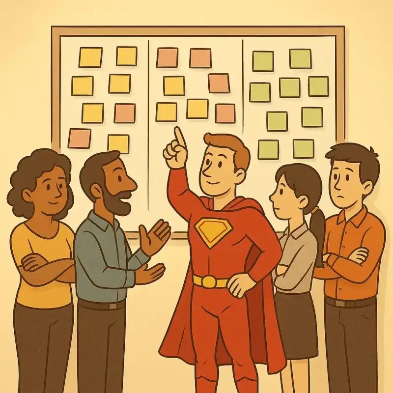 Ilustração em estilo cartoon representando o Nível 2 de Maturidade Kanban — uma equipe reunida em frente a um quadro de post-its coloridos, com o homem no centro vestido como super-herói de capa vermelha e símbolo amarelo, simbolizando liderança orientada ao cliente e colaboração.