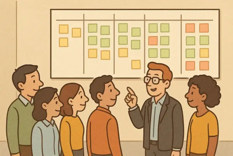 Ilustração em estilo cartoon mostrando uma equipe de seis pessoas reunida diante de um grande quadro Kanban colorido e bem organizado, com colunas cheias de post-its verdes, amarelos e vermelhos. Um dos integrantes aponta para o quadro enquanto os demais sorriem e participam da conversa, demonstrando colaboração e alinhamento.