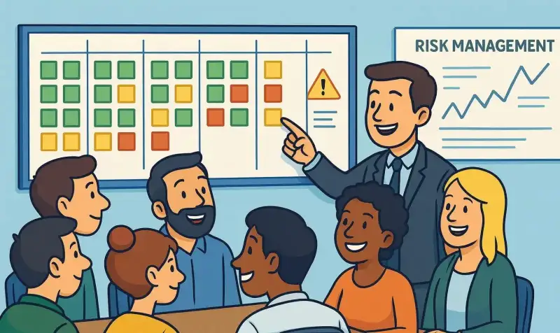 Ilustração em estilo cartoon representando o Nível de Maturidade 4 (Risk-Hedged) do Kanban Maturity Model. Mostra uma equipe diversa reunida em uma sala moderna, analisando um grande quadro Kanban cheio de post-its coloridos e gráficos de risco nas paredes. Um líder aponta para um cartão vermelho enquanto apresenta um painel com o título “Risk Management” e gráficos de probabilidade e impacto. O grupo demonstra controle, análise e tomada de decisão orientada por dados.