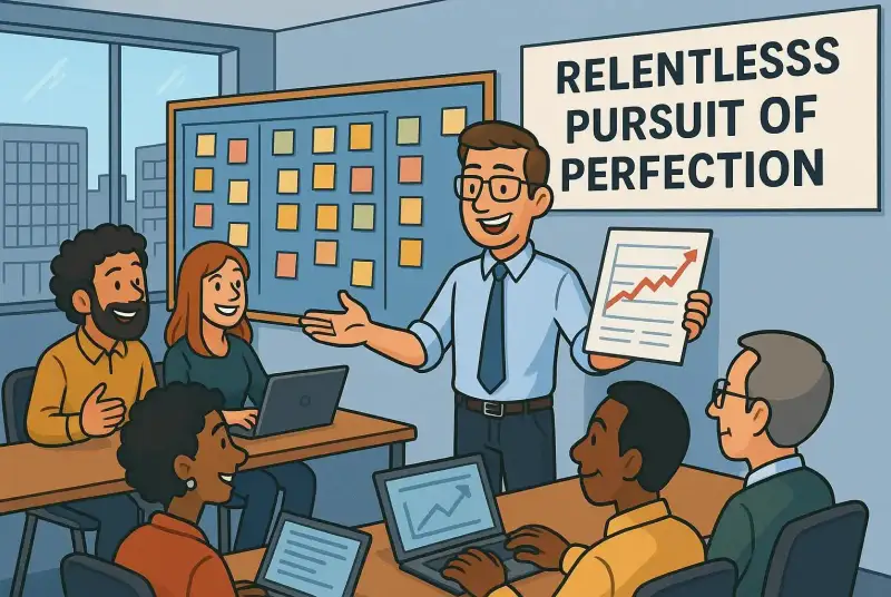Ilustração em estilo cartoon representando o Nível de Maturidade 5 (Market Leader) do Kanban Maturity Model. Mostra uma equipe diversa e sorridente reunida em uma sala moderna, com um grande quadro Kanban colorido ao fundo e um líder apresentando um gráfico de crescimento. Na parede, há uma placa escrita “Relentless Pursuit of Perfection” (Busca incansável pela perfeição). O ambiente é vibrante, organizado e transmite energia, inovação e confiança.