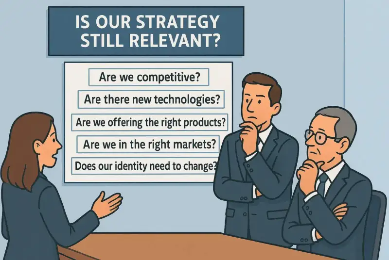 Ilustração em estilo cartoon representando o Nível de Maturidade 6 (Built for Survival) do Kanban Maturity Model. Mostra quatro profissionais em um ambiente corporativo moderno, refletindo diante de um quadro com a pergunta “IS OUR STRATEGY STILL RELEVANT?” e outras questões estratégicas como “Are we competitive?”, “Are there new technologies?”, “Are we offering the right products?”, “Are we in the right markets?”, “Does our identity need to change?”. (“Somos competitivos?”, “Há novas tecnologias?”, “Estamos nos mercados certos?”, “Nossa identidade precisa mudar?”.) As pessoas estão em postura de análise e questionamento, simbolizando reflexão, reinvenção e aprendizado contínuo.