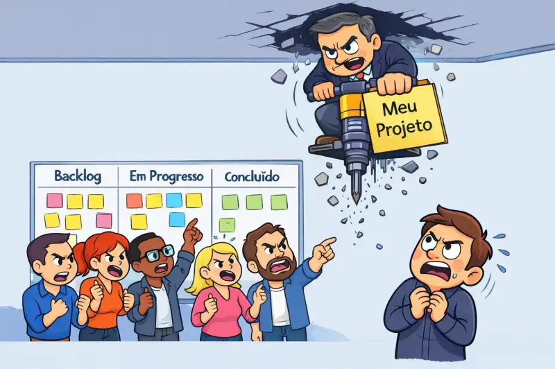 Ilustração em estilo cartoon simples, formato paisagem, ambientada em um escritório. À esquerda, um time de cinco pessoas está em frente a um quadro Kanban fixado na parede, dividido nas colunas “Backlog”, “Em Progresso” e “Concluído”, com vários post-its coloridos organizados. Diferente de uma cena colaborativa, o grupo demonstra forte irritação: rostos vermelhos, sobrancelhas franzidas, punhos cerrados e dedos apontando para cima. Eles olham em direção a um chefe que aparece rompendo o teto. Na parte superior da imagem, o chefe surge com expressão ranzinza, pilotando uma pequena perfuratriz que quebra o forro e espalha pedaços de concreto. Em uma das mãos ele segura uma pasta amarela com a inscrição “Meu Projeto”. À direita, uma pessoa isolada demonstra medo e tensão, com olhos arregalados e mãos próximas ao peito, observando a situação. A imagem simboliza o impacto emocional de um projeto imposto que rompe o fluxo de trabalho estabelecido.