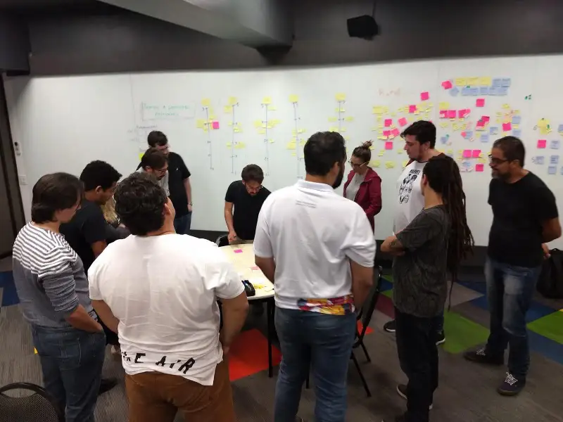 Imagem de um time reunido em torno de uma mesa. Ao fundo, um quadro com diversos postits.