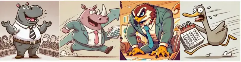 A imagem apresenta quatro ilustrações estilizadas de animais antropomorfizados, representando diferentes disfunções de autoridade em times ágeis.HIPPO (Highest Paid Person’s Opinion) – Um hipopótamo sorridente vestindo uma camisa branca e gravata, de braços abertos, aparentemente conduzindo uma apresentação para uma plateia. Ele simboliza o conceito onde a opinião da pessoa mais bem paga na sala prevalece sobre todas as outras, independentemente da experiência técnica dos demais. RHINO (Really High-value New Opportunity) – Um rinoceronte animado vestindo terno e gravata, correndo com um tablet na mão e expressão empolgada. Representa a tendência de apresentar novas ideias grandiosas de última hora, sem avaliação adequada, gerando impacto na equipe que precisa parar tudo para lidar com a “grande oportunidade”. HAWK (Highly Aggressive With Keypoints) – Um falcão de aparência intimidadora, vestindo um terno azul e gravata, inclinado sobre uma mesa de reunião, com expressão severa e agressiva. Simboliza o perfil que impõe suas opiniões de forma dominante, sem permitir que os outros argumentem, forçando sua visão sobre o time. GOOSE (Guessing Overly Optimistic Scheduling Estimates) – Um ganso assustado, correndo apressado enquanto segura um calendário, com expressão nervosa. Representa a disfunção de fazer estimativas de prazos excessivamente otimistas, sem base realista, o que pode levar a entregas atrasadas e expectativas frustradas. A arte segue um estilo cartoon em tons pastéis, com cada animal personificando um comportamento problemático dentro da hierarquia de um time ágil.