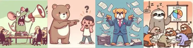 Essas imagens representam as disfunções de falhas na comunicação e colaboração no Reino Animal das Disfunções em Times Ágeis:Rato (MOUSE - Mostly Obnoxious Unproductive Sound Emissions) 🐭 Representa aquele membro da equipe que sempre reclama, interrompe reuniões e conversas com comentários irrelevantes, sem nunca apresentar soluções. Urso (BEAR - Blaming Everyone, Avoiding Responsibility) 🐻 Demonstra a cultura da culpabilização. Sempre que surge um problema, essa pessoa aponta culpados, mas nunca assume responsabilidade para resolver. Cachorro (DOG - Dismiss Our Governance) 🐶 Simboliza a falta de respeito por processos e governança. Ignora regras, procedimentos e compromissos estabelecidos dentro do time. Preguiça (SLOTH - Slow, Long, Overstretched, Time-consuming Huddles) 🦥 Representa reuniões excessivamente longas, demoradas e improdutivas, onde pouca ou nenhuma decisão concreta é tomada.