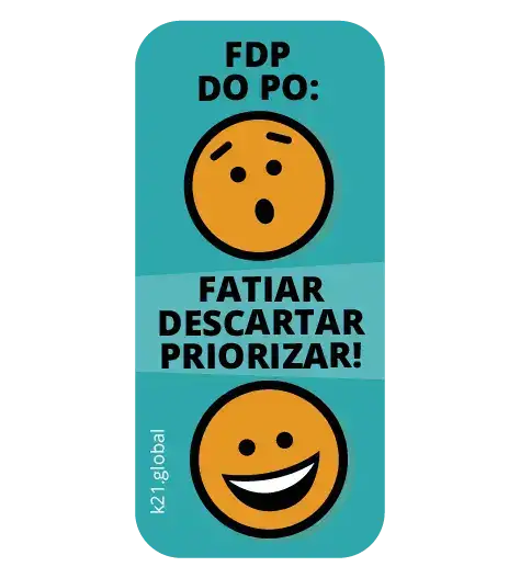 Card vertical em fundo turquesa com o texto “FDP do PO: Fatiar, Descartar, Priorizar!”, ilustrado por dois emojis, um com expressão de dúvida na parte superior e outro sorridente na parte inferior, representando a transformação após aplicar o princípio.