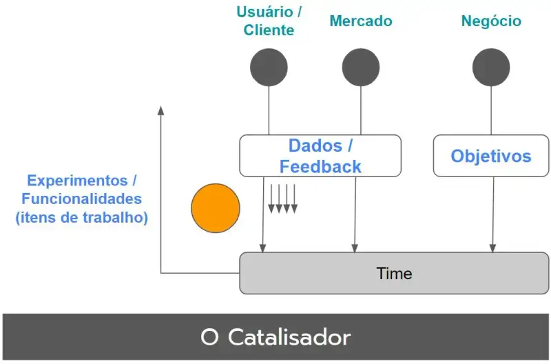 O Arquétipo do Catalisador. Três círculos iniciais: Usuário / Consumidor, Mercado e Negócio. Usuário / Consumidor e Mercado se ligam aos dados / feedback e esse ao time. O Negócio se liga aos objetivos e esse ao time. O Product Owner fica entre dados / feedback e objetivos de negócio como um filtro. Ele também filtra o que o time devolve que são experimentos e funcionalidades (itens de trabalho).