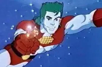 Capitão Planeta na sua pose lendária com o dedo apontando para a tela do televisor enquanto diz: O Poder é de vocês!