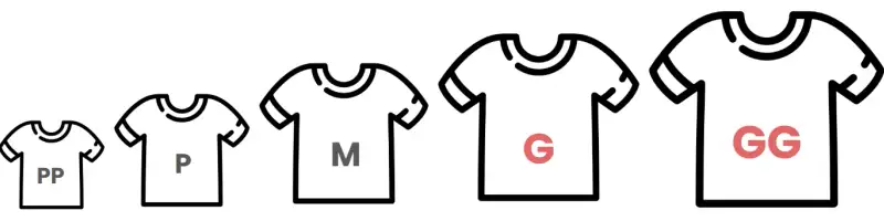 T-Shirt Sizes" utilizada em metodologias ágeis. Ela mostra cinco camisetas em tamanhos progressivos, da menor para a maior, cada uma com uma sigla indicando seu tamanho. A primeira camiseta é pequena e tem a sigla "PP" (Extra Pequeno), seguida por uma camiseta um pouco maior com a sigla "P" (Pequeno). A terceira camiseta tem tamanho médio e a sigla "M" (Médio). A quarta camiseta é maior e contém a sigla "G" (Grande), escrita em vermelho, e a última, a maior de todas, possui a sigla "GG" (Extra Grande), também em vermelho. Essa técnica é usada para classificar o esforço ou complexidade de uma tarefa de forma aproximada, sem precisar definir números exatos.