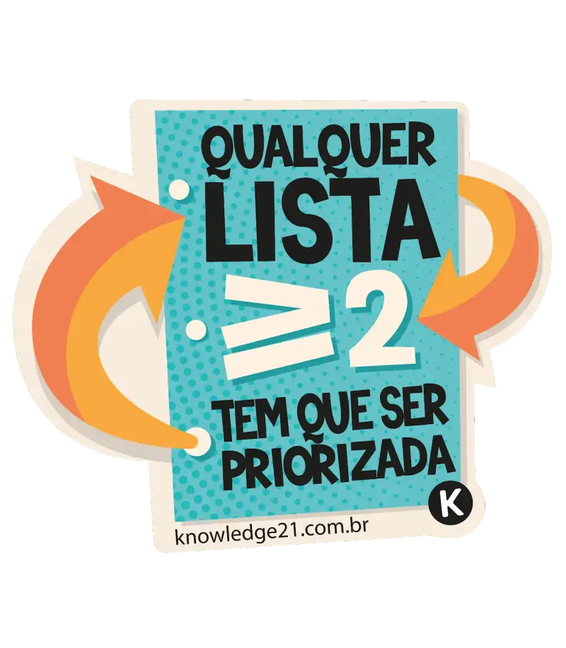Adesivo da K21 escrito em uma caixa: “Qualquer lista maior ou igual a dois (sinal matemático) tem que ser priorizada. Duas setas saem e voltam para o adesivo significando a repriorização. Sem priorização, não há economia criativa.