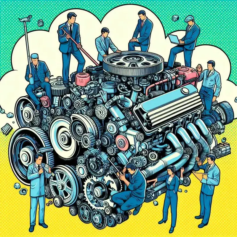 Problemas envolvendo pessoas. Um grande motor com várias pessoas trabalhando nele