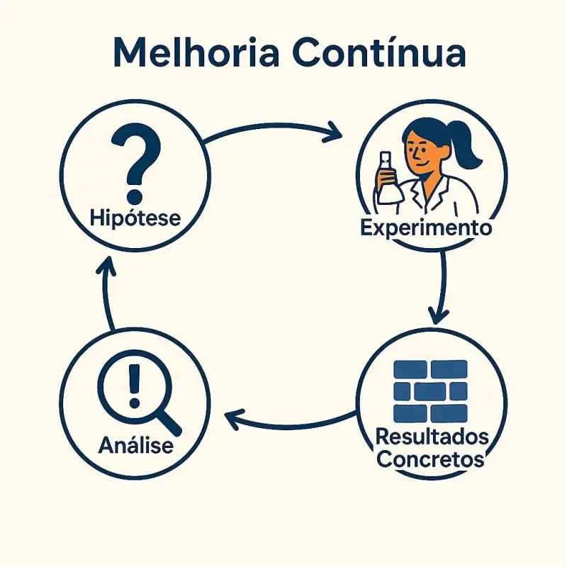 Infográfico em português representando 1 dos itens essenciais da agilidade: o ciclo de Melhoria Contínua com quatro etapas: Hipótese, Experimento (com uma cientista segurando um frasco), Resultados Concretos (simbolizados por uma parede de tijolos) e Análise (com ícone de lupa e exclamação). As etapas estão dispostas em círculo com setas indicando o fluxo contínuo.