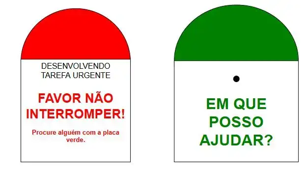 Placas facilitadoras da agilidade: Duas placas sinalizadoras. À esquerda, uma placa com topo vermelho e texto: "DESENVOLVENDO TAREFA URGENTE. FAVOR NÃO INTERROMPER! Procure alguém com a placa verde." À direita, uma placa com topo verde e texto: "EM QUE POSSO AJUDAR?". A imagem representa um sistema visual de gestão de interrupções em equipes de desenvolvimento.