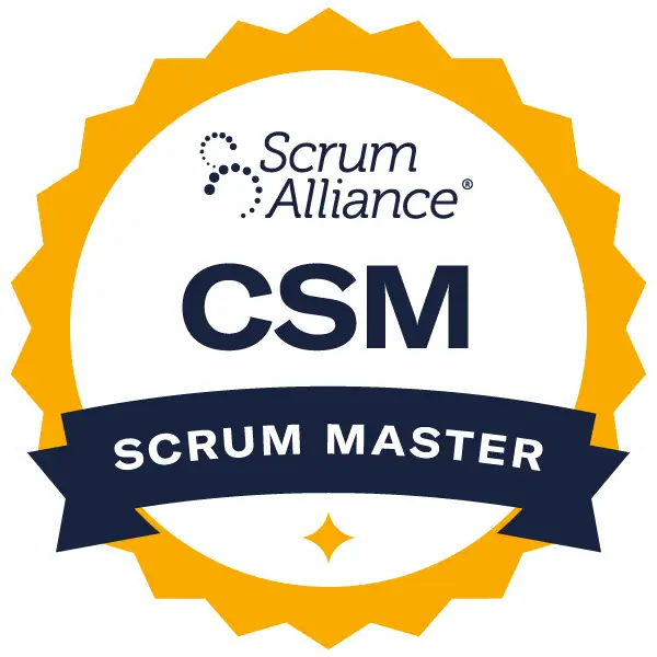 Emblema oficial da certificação Certified ScrumMaster (CSM) da Scrum Alliance. O selo tem borda dourada, o logotipo da Scrum Alliance no topo, as letras CSM em destaque no centro e uma faixa azul-escura na parte inferior com o texto 'Scrum Master'.