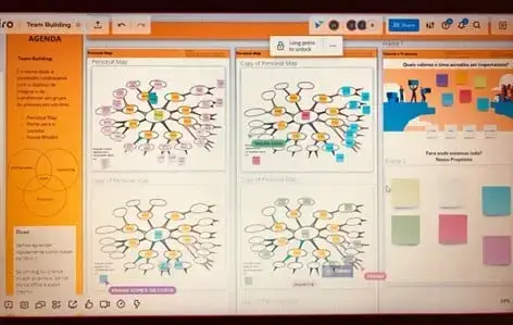 Foto do board elaborado na ferramenta Miro, contendo o Personal Map, Ponte para o sucesso e Definição do Propósito
