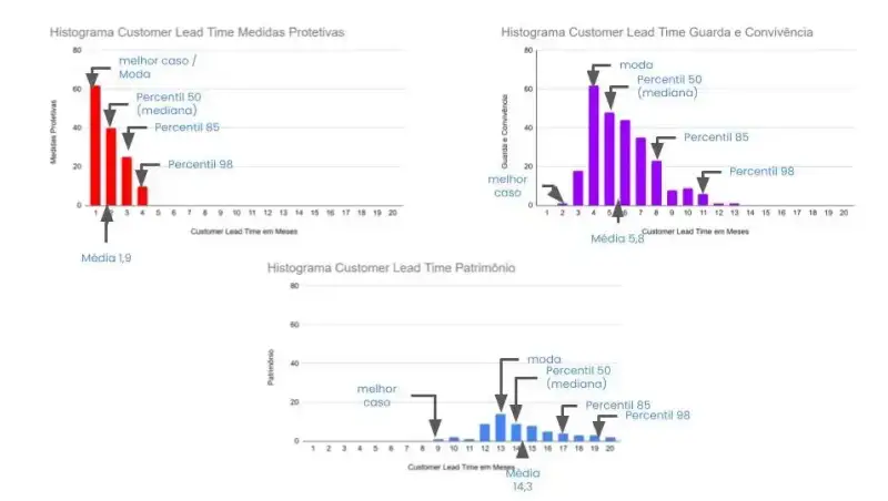 Histograma de Customer Lead Time separado por tipo de demanda do time de advocacia familiar, apresentando três gráficos distintos. O primeiro, em vermelho, mostra medidas protetivas com melhor caso e moda em 3 meses, mediana em 4 meses, percentil 85 em 5 meses, percentil 98 em 6 meses e média de 1,9 meses. O segundo, em roxo, exibe guarda e convivência com melhor caso em 2 meses, moda em 4 meses, mediana em 5 meses, percentil 85 em 8 meses, percentil 98 em 11 meses e média de 5,8 meses. O terceiro, em azul, apresenta patrimônio, com melhor caso em 8 meses, moda em 13 meses, mediana em 14 meses, percentil 85 em 17 meses, percentil 98 em 18 meses e média de 14,3 meses.