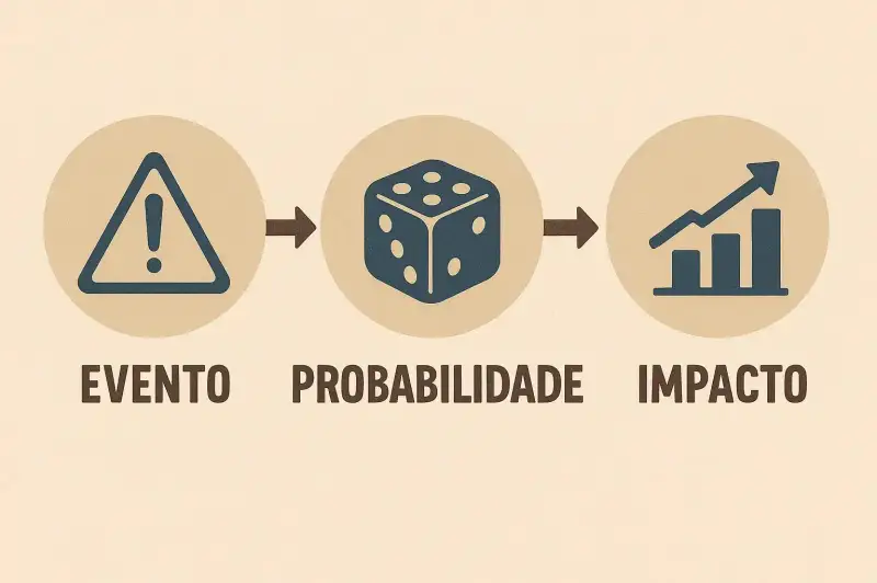 Ilustração com três ícones em sequência: um triângulo de alerta com a palavra 'Evento', um dado representando 'Probabilidade', e um gráfico de barras ascendentes com a palavra 'Impacto'. As figuras estão conectadas por setas, indicando a relação entre os componentes do risco.