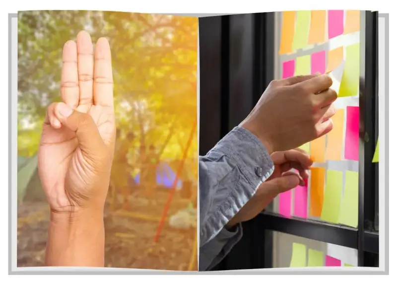 Imagem dividida em duas. A primeira com uma pessoa fazendo o três com os dedos. A outra com uma pessoa pegando um post-it em um quadro com vários post-its.
