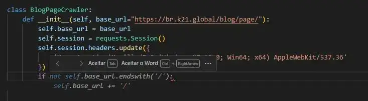 Exemplo de ferramenta de vibecoding de autocompletar. Nela vemos o programador iniciando um "if" e a ferramenta sugerindo como completar. Os botões aceitar e aceitar por palavra aparecem acima da sugestão