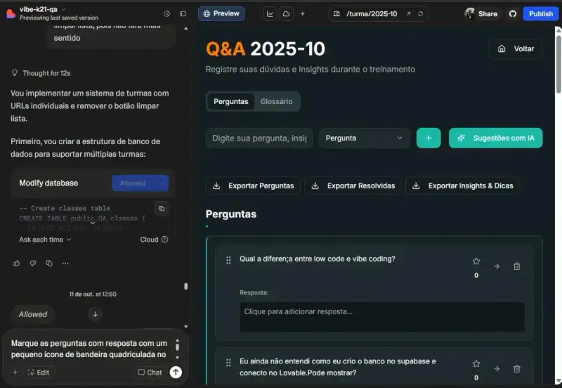 Print screen da plataforma Lovable exibindo uma página de Q&A com interface escura, lista de perguntas e botões de exportação.