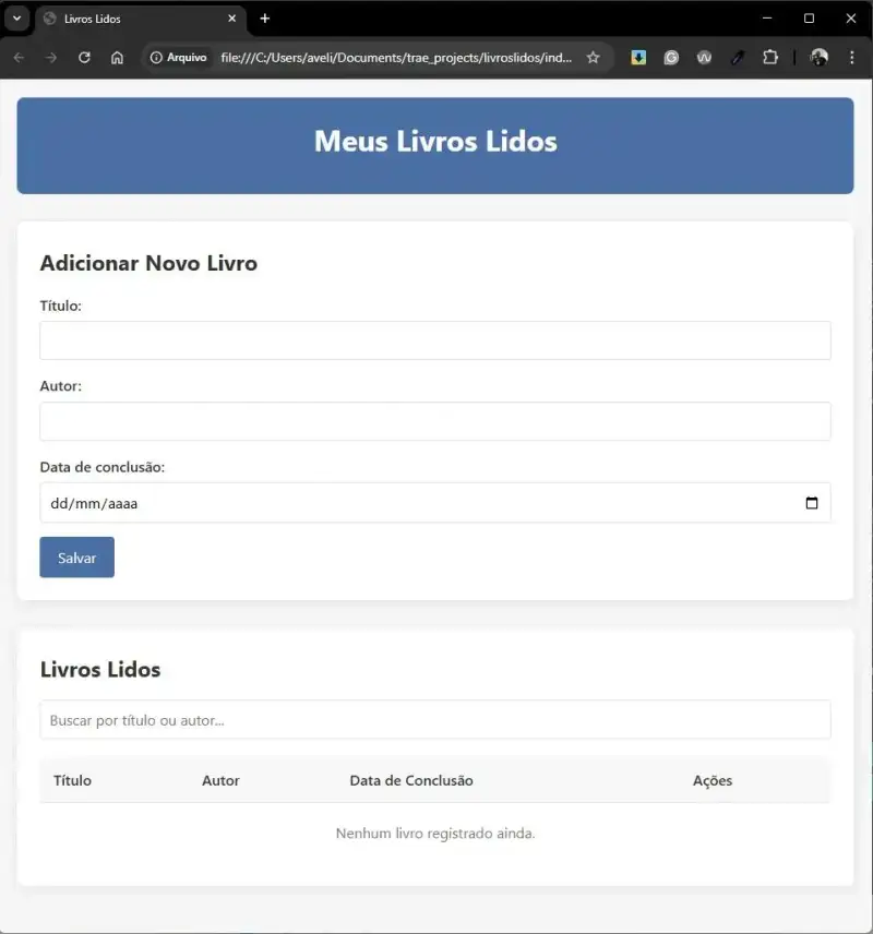 Tela da aplicação “Meus Livros Lidos” com formulário para adicionar título, autor e data de conclusão, e uma tabela listando livros registrados. Gerada pelo Trae