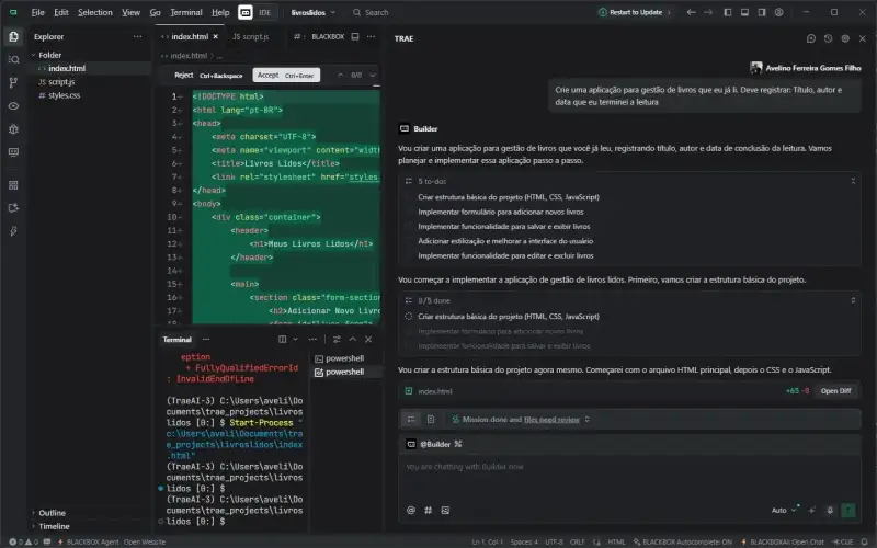Ferramenta de Vibe: Print screen da interface do Trae, mostrando um projeto de aplicação web com arquivos HTML, CSS e JavaScript abertos, além de instruções e checklist de implementação fornecidas pela IA.