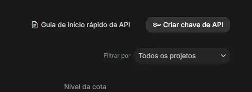 Tela do Google AI Studio exibindo o botão Criar chave de API e opção de filtro por projetos