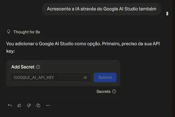 Interface exibindo o campo Add Secret com a variável GOOGLE_AI_API_KEY para integração do Google AI Studio