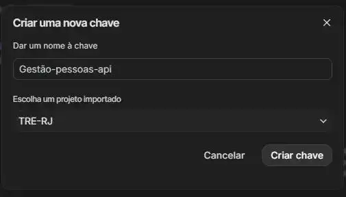 Janela do Google AI Studio mostrando a criação da chave de API nomeada Gestão-pessoas-api vinculada ao projeto TRE-RJ