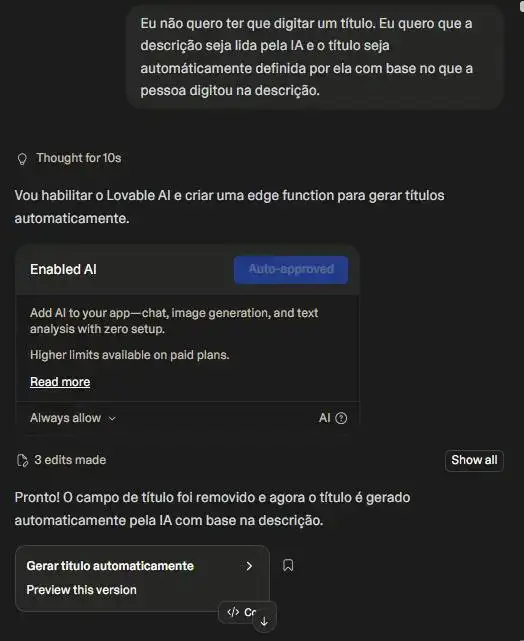 Configuração habilitada de IA automática com opção Gerar título automaticamente ativa na interface de integração. vibe coding simplificando a vida.