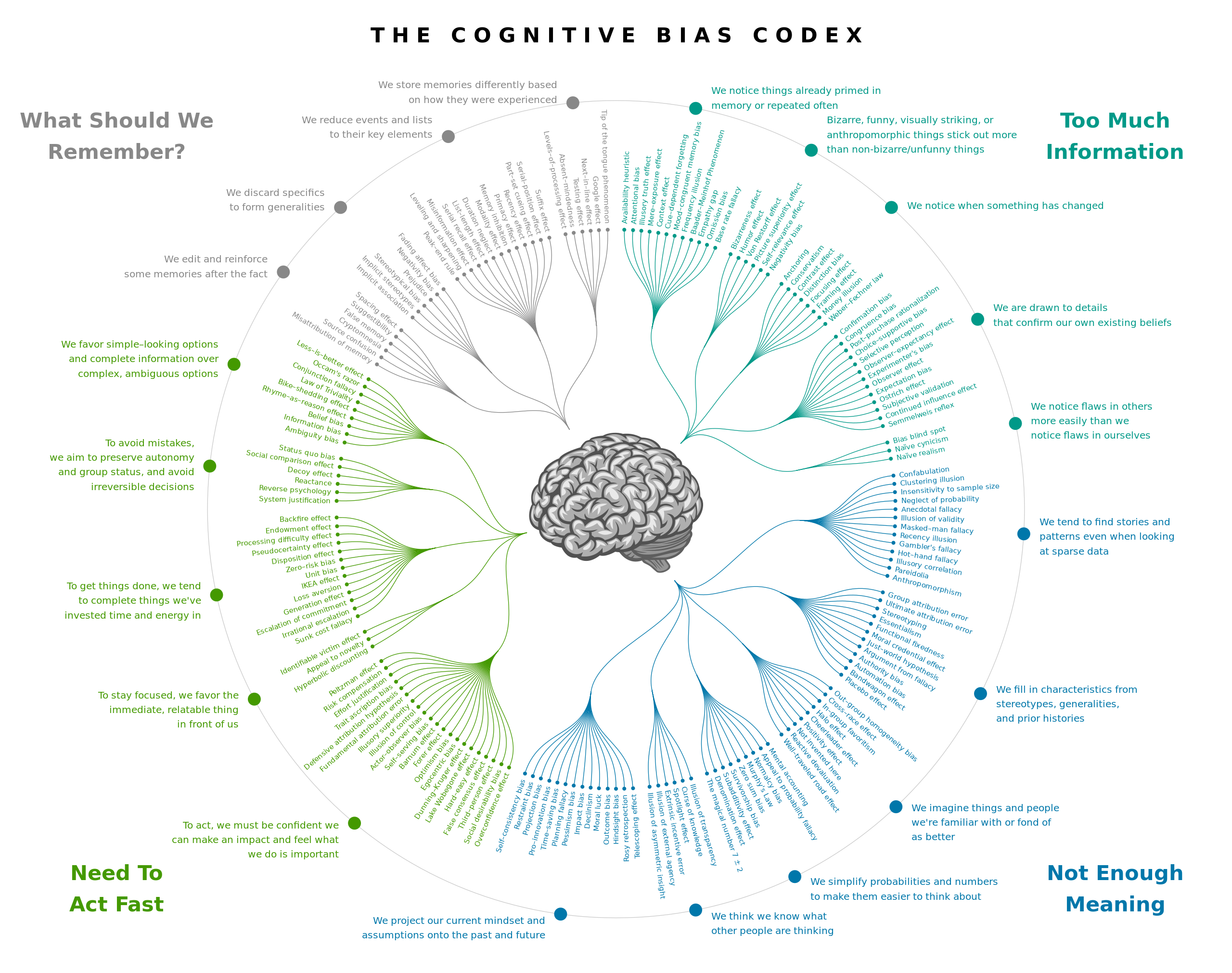 Um cérebro apontando para as 4 áreas de viés cognitivos: O que eu deveria lembrar? Muita informação. Sem muito significado. Preciso agir rápido. Para cada uma delas dezenas de vieses cognitivos formando uma espécie de flor com um cérebro no meio.